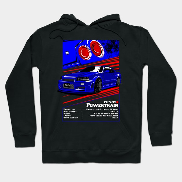 Nissan Skyline GT R 34 Blue with rear light Hoodie by aredie19